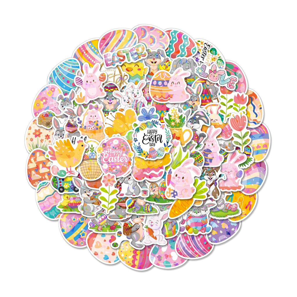 AOWDIAO 100 Pcs Easter Stickers - Holographic, Waterproof Vinyl Decals for Kids Crafts, Easter Egg Stuffers, Party Favors and Decorations