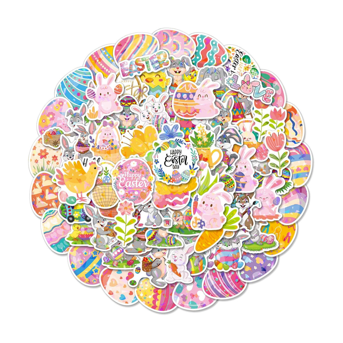 AOWDIAO 100 Pcs Easter Stickers - Holographic, Waterproof Vinyl Decals for Kids Crafts, Easter Egg Stuffers, Party Favors and Decorations