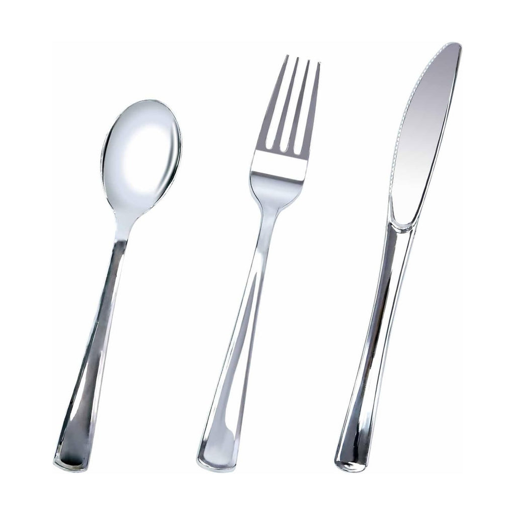 HEIPINIUYE 75 Pack Silver Plastic Cutlery Heavy Duty Silver Plastic Knives Forks and Spoons Disposable Silverware Set for 25 Guest Camping Birthday Baby Shower Wedding Party Utensils Set