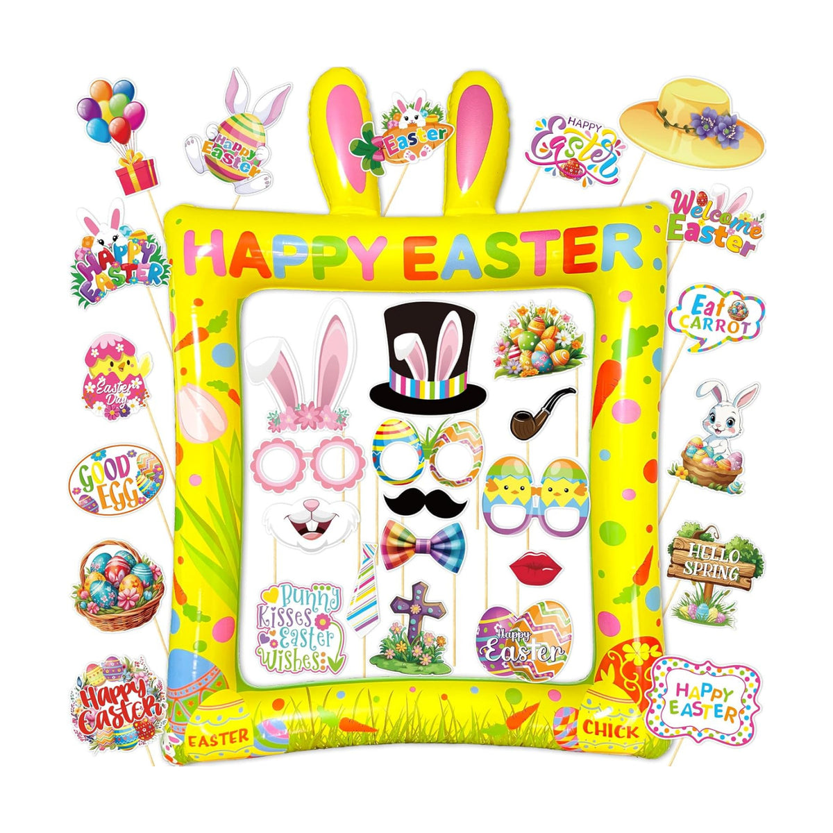 Happy Easter Inflatable Photo Frame & Props Set, 30Pcs Easter Photo Props with Giant Inflatable Picture Frame for Easterday Party Selfie Supplies