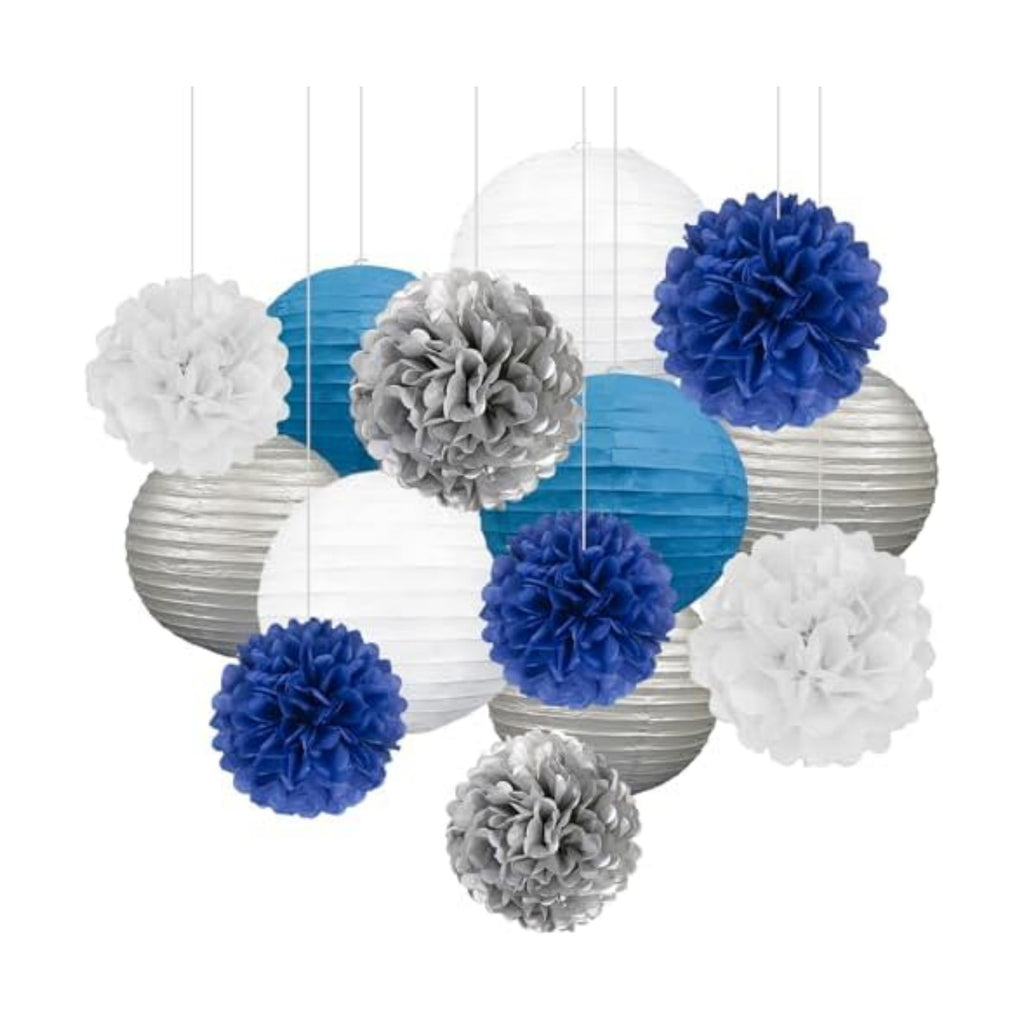 18 PCS Blue White Silver Paper Lanterns & Tissue Paper Pom Poms for Men's Birthday, Graduation 2026, Wedding, Hanging Paper Decor for Indoor Outdoor Events Theme Party Supplies