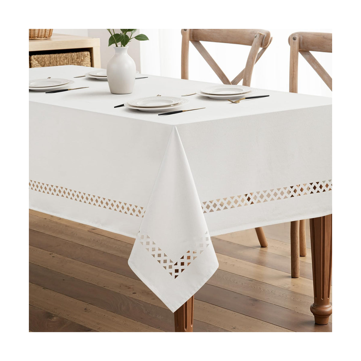 MIULEE White Rectangle Tablecloth with Decorative Cutouts 60x120 inch