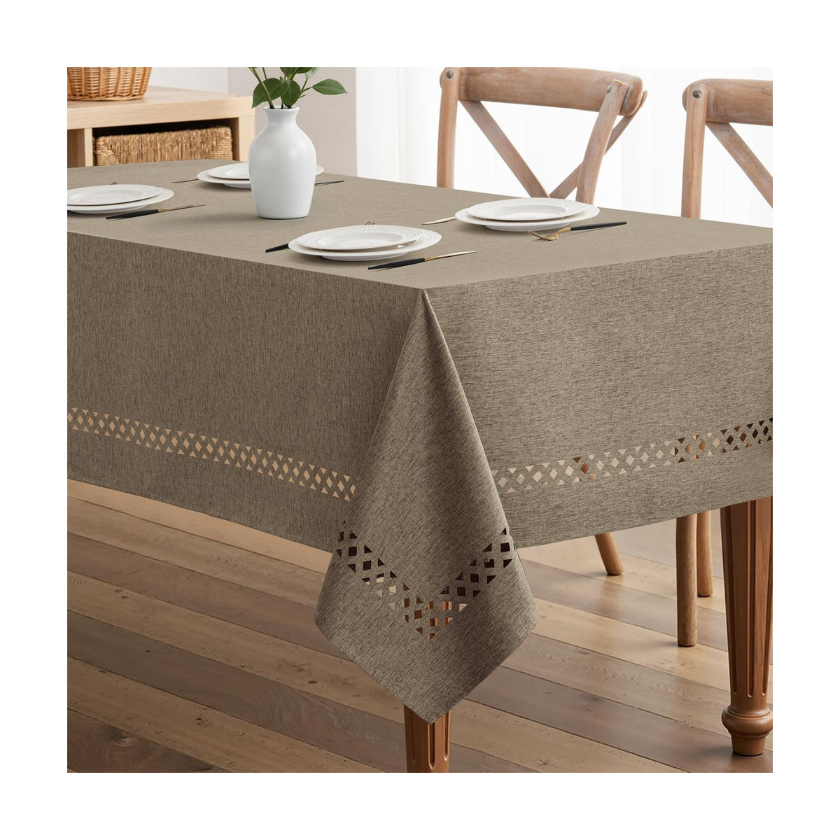 MIULEE Khaki Rectangle Tablecloth with Decorative Cutouts 60x104 inch