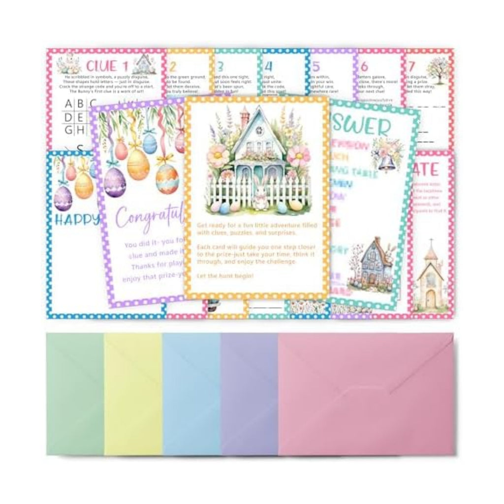 Easter Scavenger Hunt Games, Easter Treasure Hunt Clues Game Cards, Family Party Games for Kids and Adults, Holiday Party Game for Activities Decorations Supplies, 5x7 Inch (Indoor)-A03