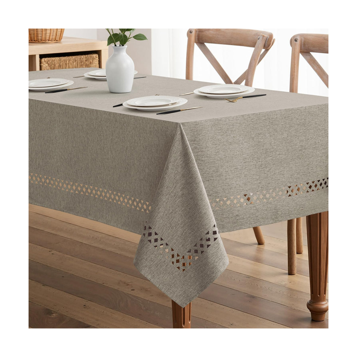 MIULEE Linen Rectangle Tablecloth with Decorative Cutouts 52x70 Inch