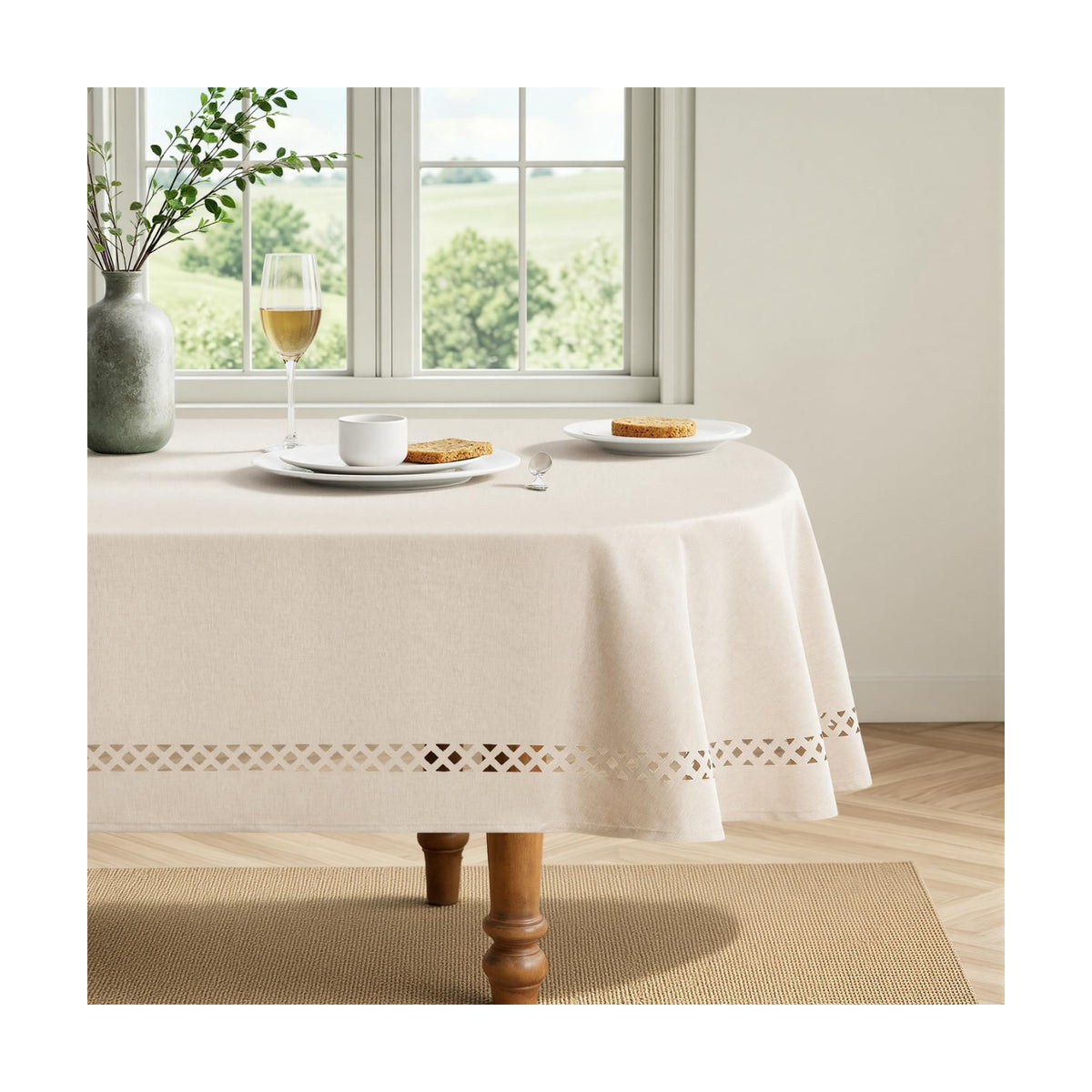 MIULEE Beige Oval Tablecloth with Decorative Cutouts 60x84 Inch