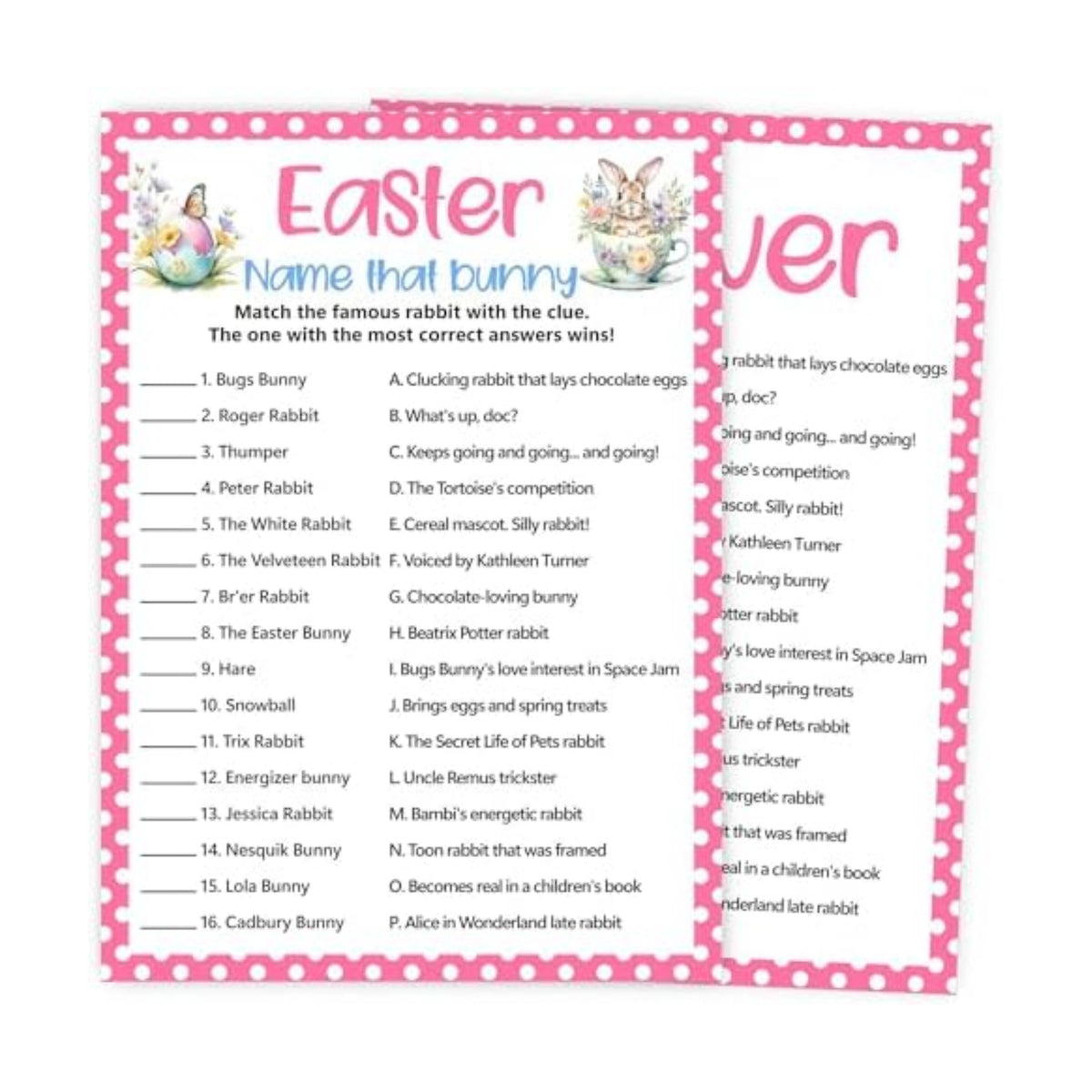 Easter Games for Adults and Kids, Easter Bunny Clues Game Cards, Cute Family Feud Trivia Game for Family Friends, Holiday Party Games for Activities Party Decorations Supplies, 5x7 Inch-A04