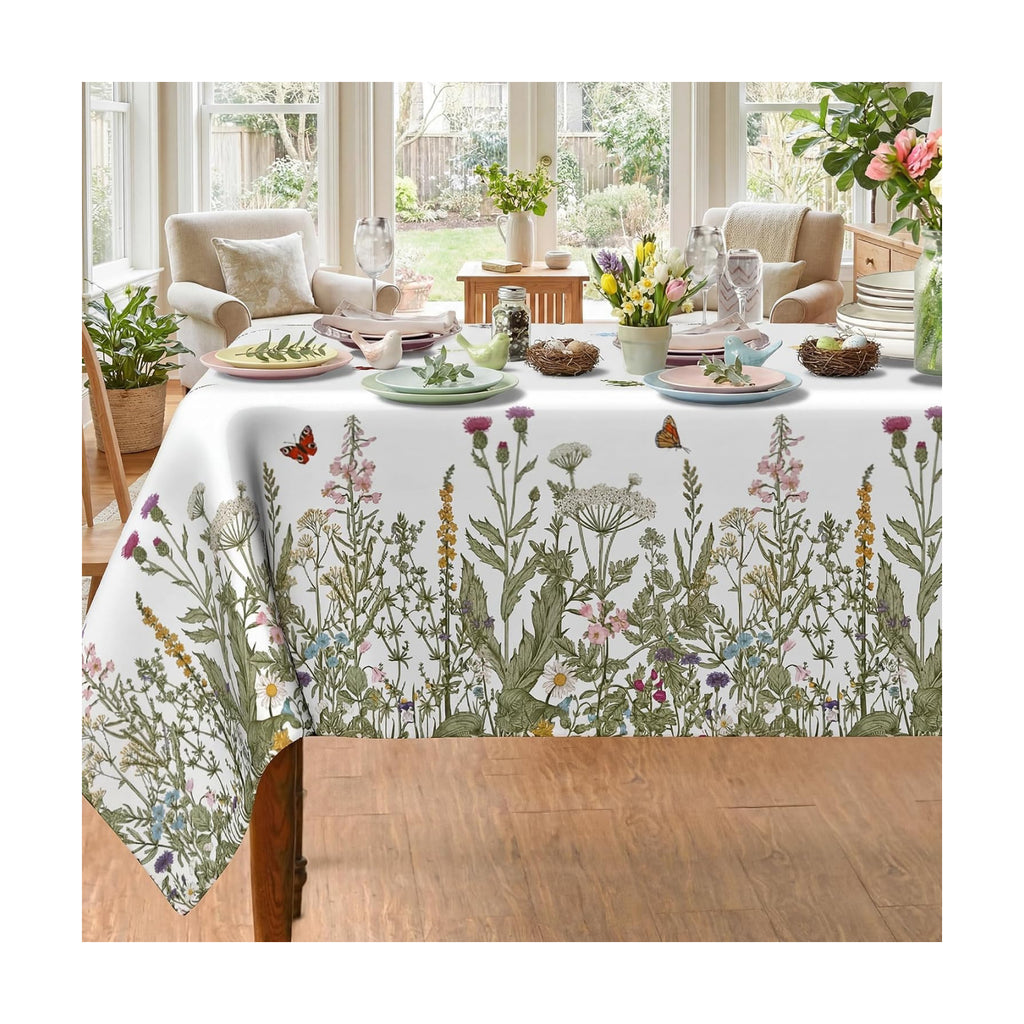 Spring Tablecloth 60x140 Inch, Spring Wild Flowers Floral Decorations for Home Table Cloth Rectangle Decor Summer Leaves Tablecloths Polyester for Picnic Party Dinner