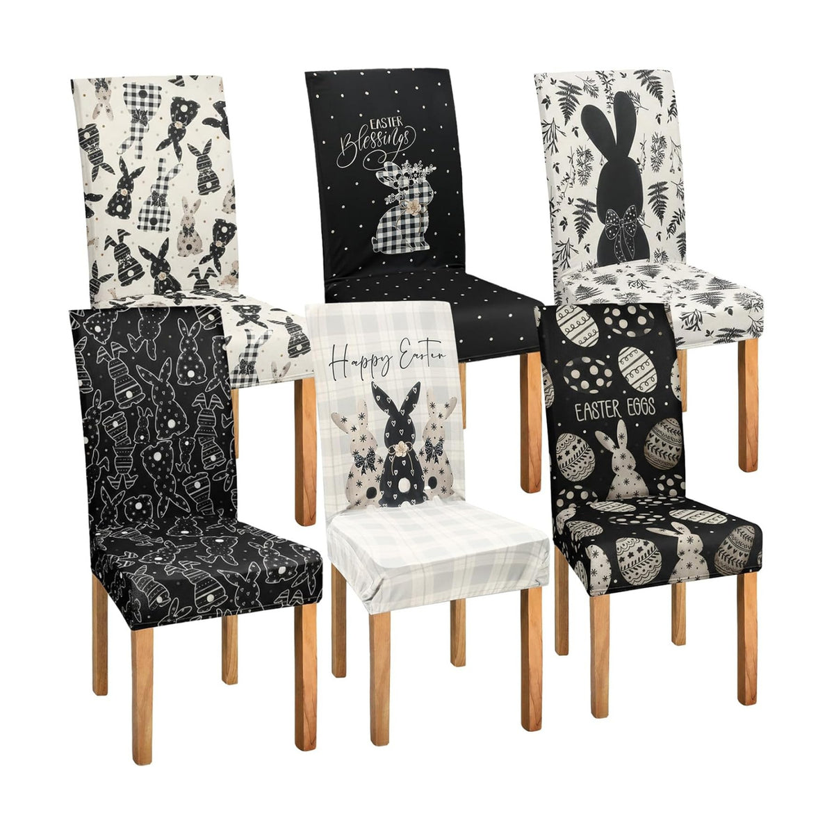 Mindsoft 6 Pcs Easter Chair Covers Print Hunt Eggs Bunny Removable Seat Covers Protector Rabbit Washable Stretch Spring Slipcovers for Easter Spring Hotel Restaurant Party Banquet