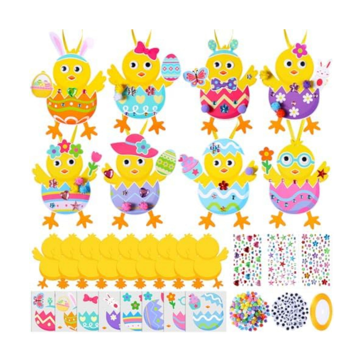 Funrous 48 Sets Crafts Kit Paper Crafts DIY Make Your Own Hanging Ornaments with Pompoms Diamond Stickers for Holiday Classroom Activities Party Favors, Easter Chick