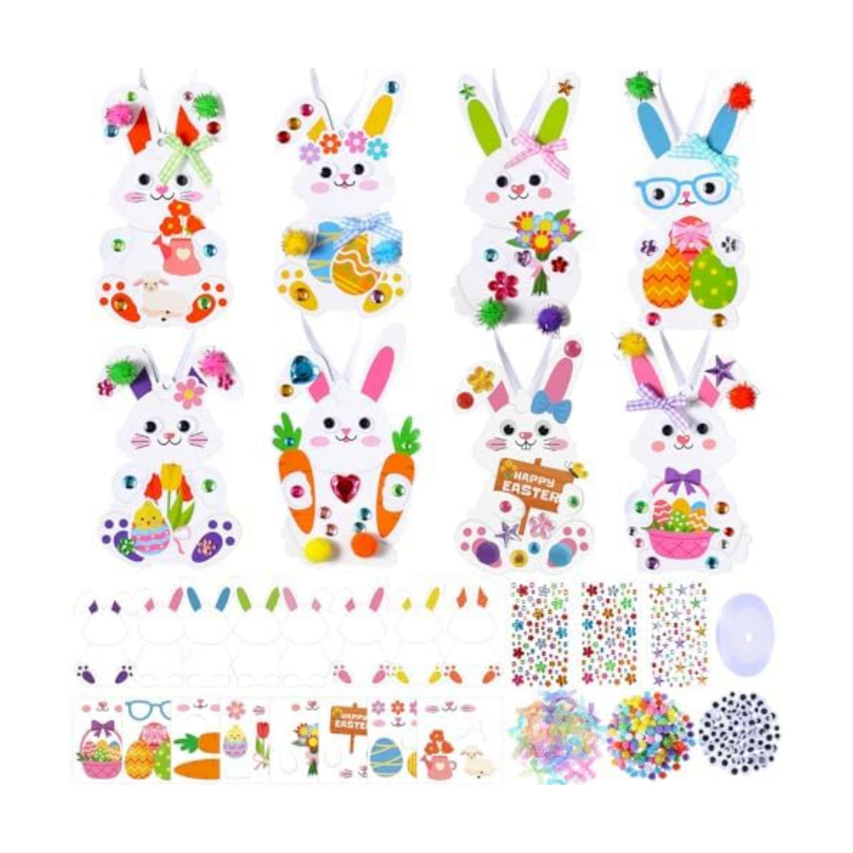 Funrous 48 Sets Crafts Kit Paper Crafts DIY Make Your Own Hanging Ornaments with Pompoms Diamond Stickers for Holiday Classroom Activities Party Favors, Easter Bunny