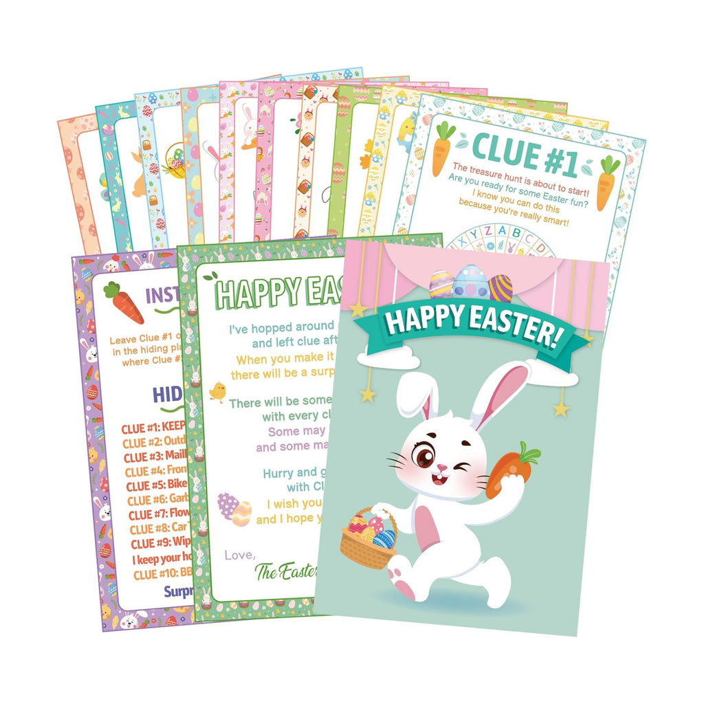 HOWAF 11pcs Outdoor Easter Hunt Clues Cards, Outdoor Easter Party Games Easter Scavenger Hunt with Friends, Family