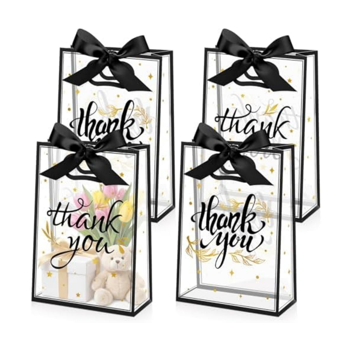 Capoda 24 Pcs Clear Thank You Gift Bags with Handles, Black and Gold