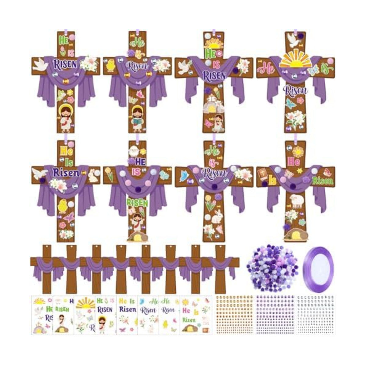 Funrous 48 Sets Crafts Kit Paper Crafts DIY Make Your Own Hanging Ornaments with Pompoms Diamond Stickers for Holiday Classroom Activities Party Favors, Easter Jesus