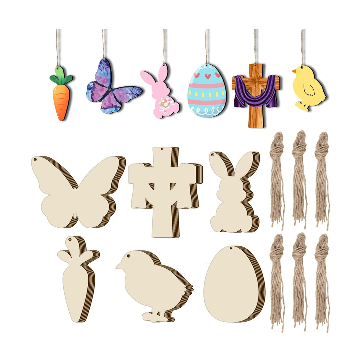 48Pcs Paintable Wooden Easter Ornaments Unfinished Wood Cutouts for Crafts DIY Eggs Bunny Butterfly Chick Carrot Painting for Crafts Hanging Wood Slices Spring Party Decoration