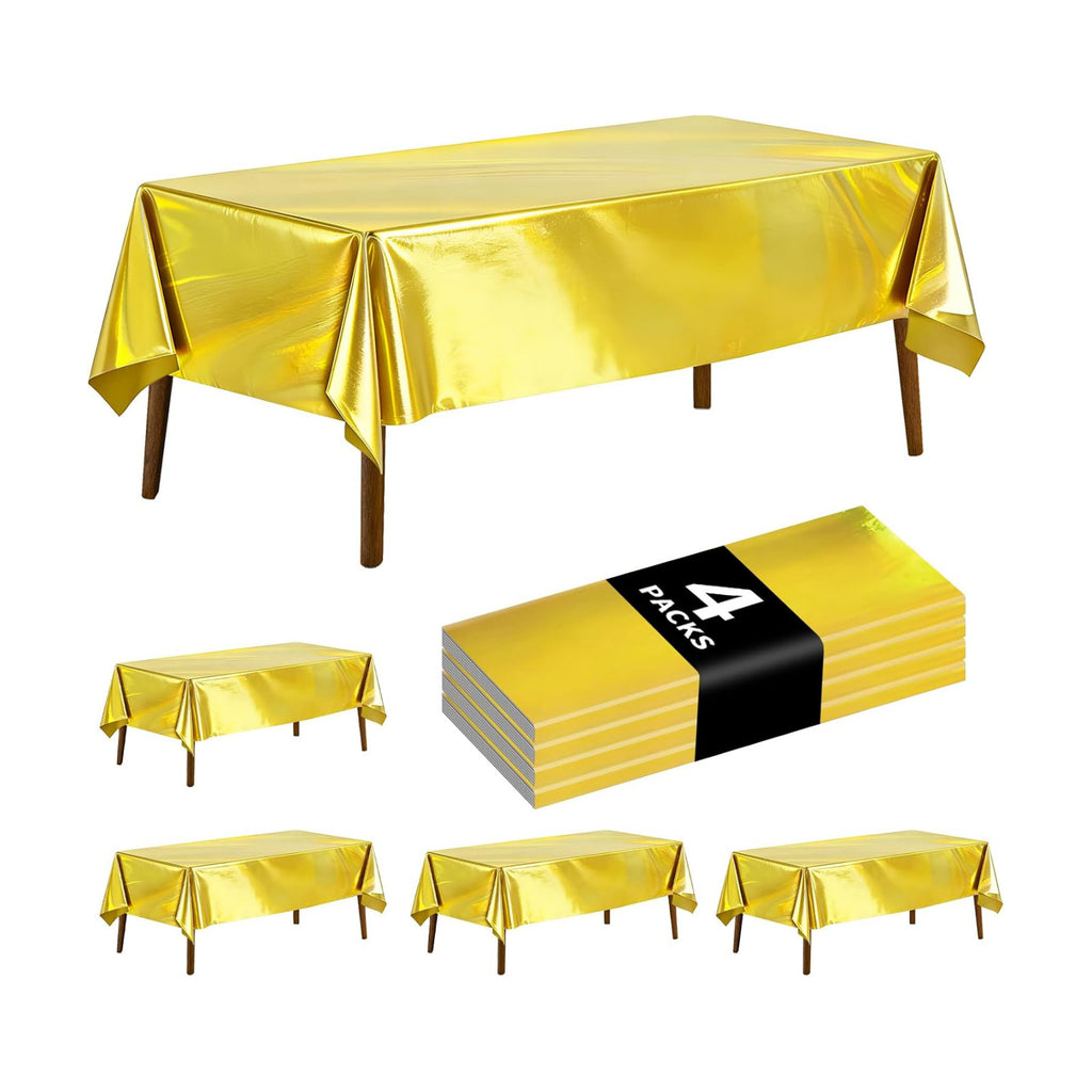 4 Pack Iridescent Gold Plastic Tablecloths Laser Table Covers Shiny Holographic Foil Tablecloth Disposable Rectangle Table Covers for Birthday Wedding Christmas Holiday Party Decorations 54x108 Inch