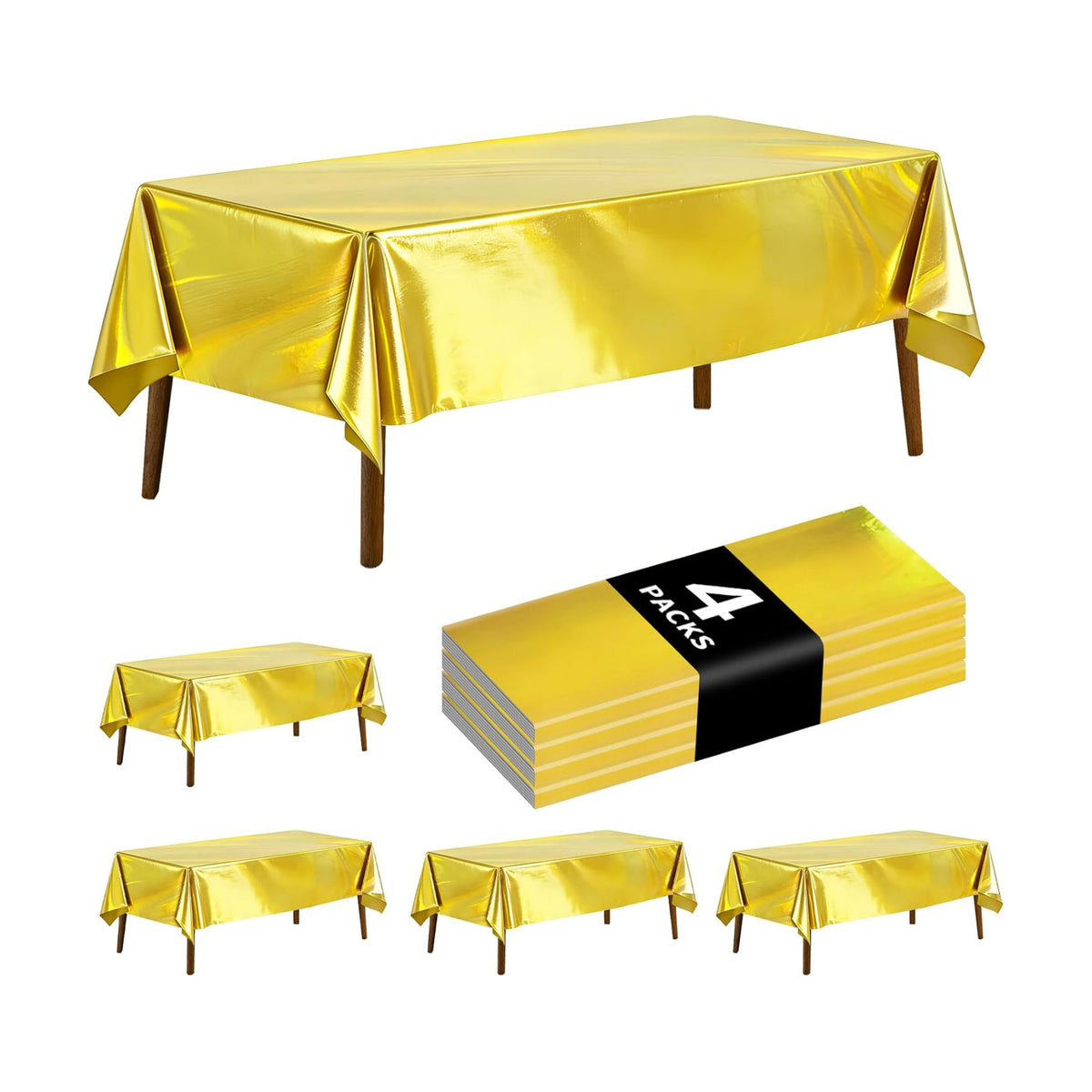 4 Pack Iridescent Gold Plastic Tablecloths Laser Table Covers Shiny Holographic Foil Tablecloth Disposable Rectangle Table Covers for Birthday Wedding Christmas Holiday Party Decorations 54x108 Inch