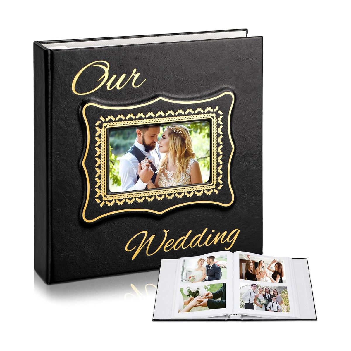 Dunzoom Memory Photo Album Holds 200 Pcs 4 x 6 Inch Leather Wedding Anniversary Family Photo Album with Front Window Double Heart Memory Scrapbook for Couple Gifts ()