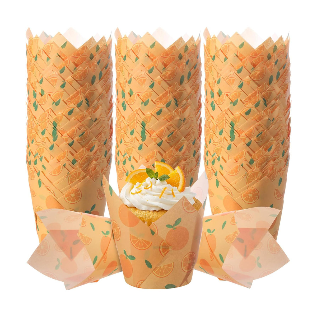 Maxdot 200 Pcs Orange Tulip Cupcake Liners for Baking Little Cuties Paper Muffin Baking Cups Orange Fruit Theme Tulip Muffin Liners Wrappers for Summer Birthday Baby Shower Dessert Fruit Party