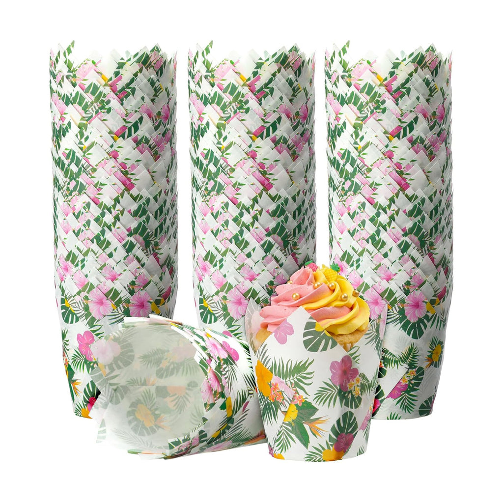 Maxdot 200 Pcs Hawaiian Tulip Cupcake Liners for Baking Palm Leaf Hibiscus Paper Muffin Baking Cups Tropical Luau Tulip Muffin Liners Wrappers for Summer Hawaii Birthday Party