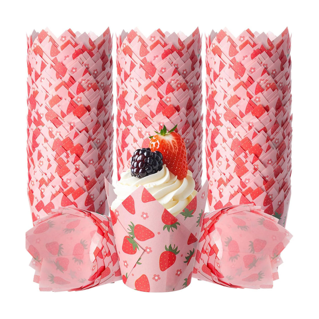 Maxdot 200 Pcs Strawberry Tulip Cupcake Liners for Baking Red Pink Strawberry Flower Paper Muffin Baking Cups Summer Fruit Theme Tulip Muffin Liners Wrappers for Baby Shower Wedding Birthday Party