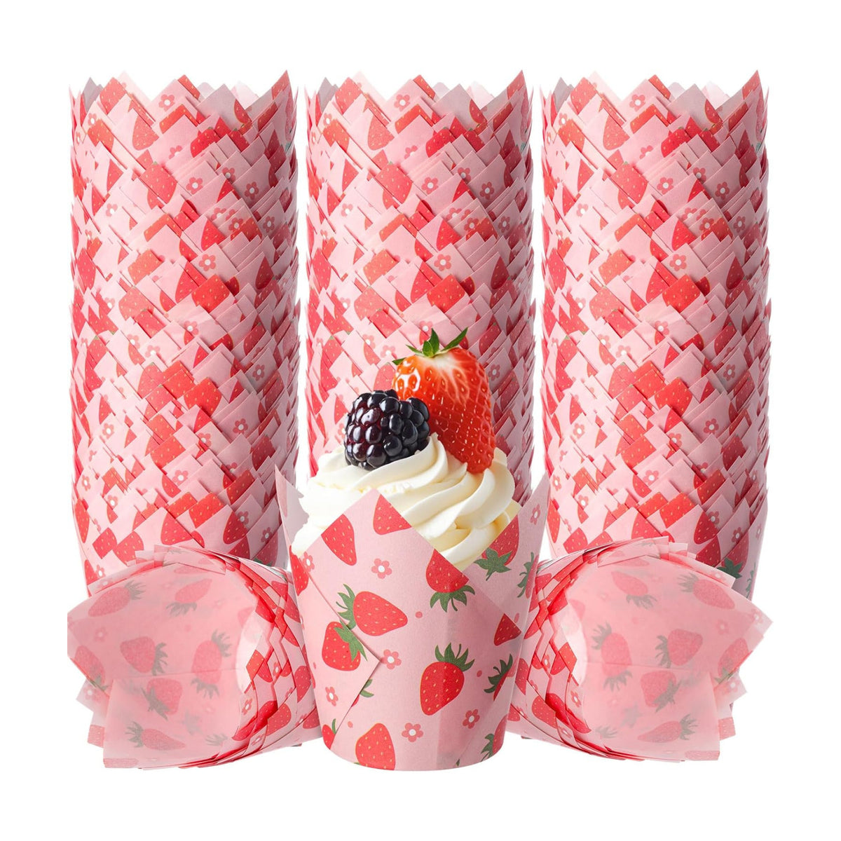 Maxdot 200 Pcs Strawberry Tulip Cupcake Liners for Baking Red Pink Strawberry Flower Paper Muffin Baking Cups Summer Fruit Theme Tulip Muffin Liners Wrappers for Baby Shower Wedding Birthday Party