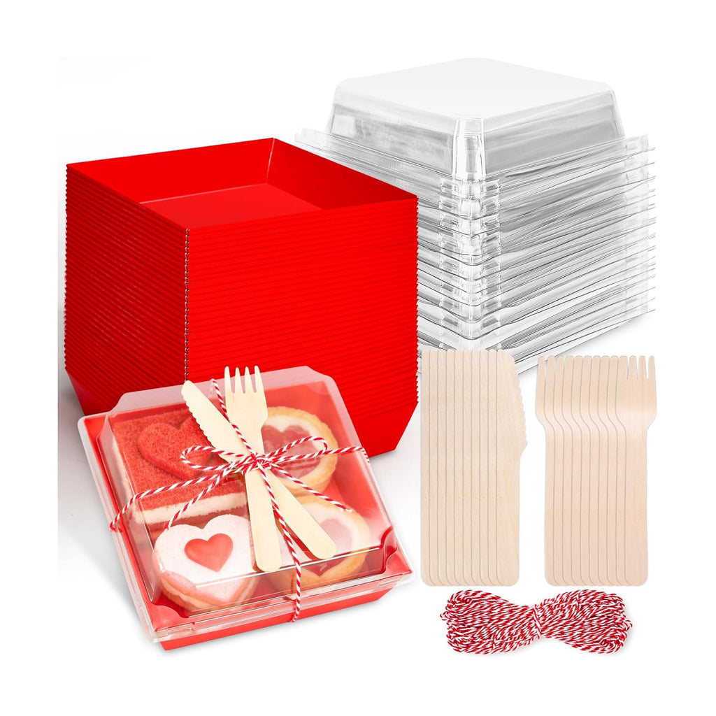 Whaline 50 Set Red Small Charcuterie Boxes with Clear Lids Forks Knives Mother's Day Clear Mini Dessert Box Disposable Food Container for Gift Giving Wedding Party Sandwich Cookie Sushi Cake