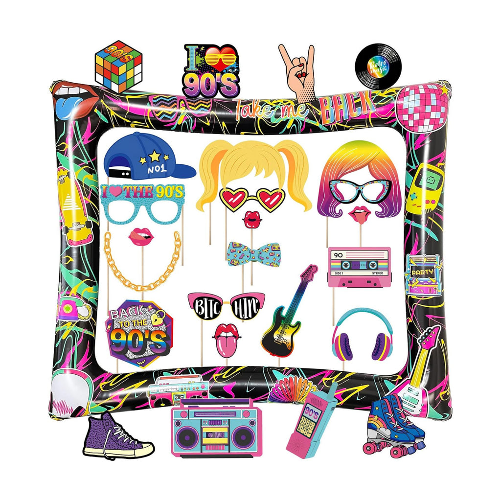 90s Inflatable Photo Frame & Props, 25Pcs Back to The 90s Photo Booth Props with Inflatable Selfie Picture Frame for 1990s Throwback Birthday Party Supplies