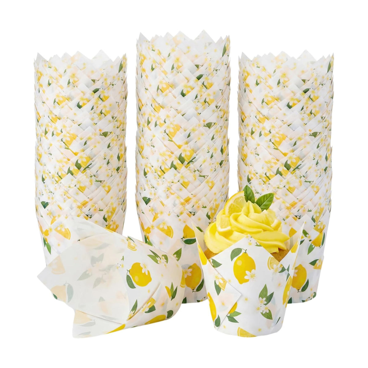 Maxdot 200 Pcs Lemon Flower Tulip Cupcake Liners for Baking Yellow Fruit Paper Muffin Baking Cups Fruit Theme Tulip Muffin Liners Wrappers for Summer Baby Shower Wedding Birthday Spring Party