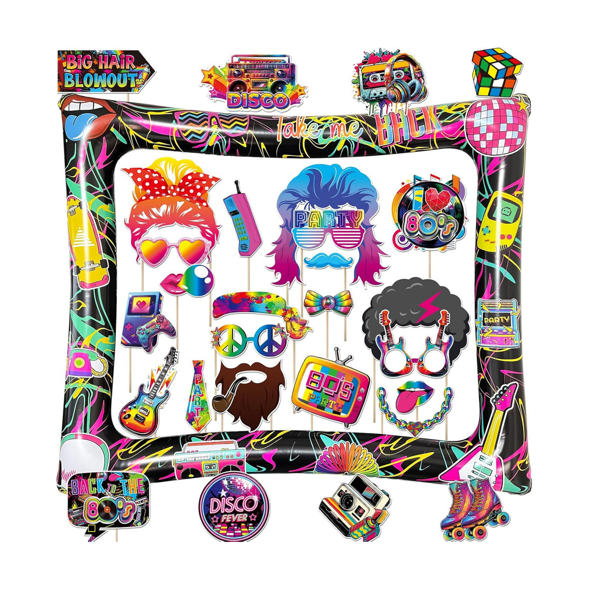 80s Inflatable Photo Frame & Props, 30Pcs Back to The 80s Photo Booth Props with Inflatable Selfie Picture Frame for 1980s Throwback Birthday Party Supplies