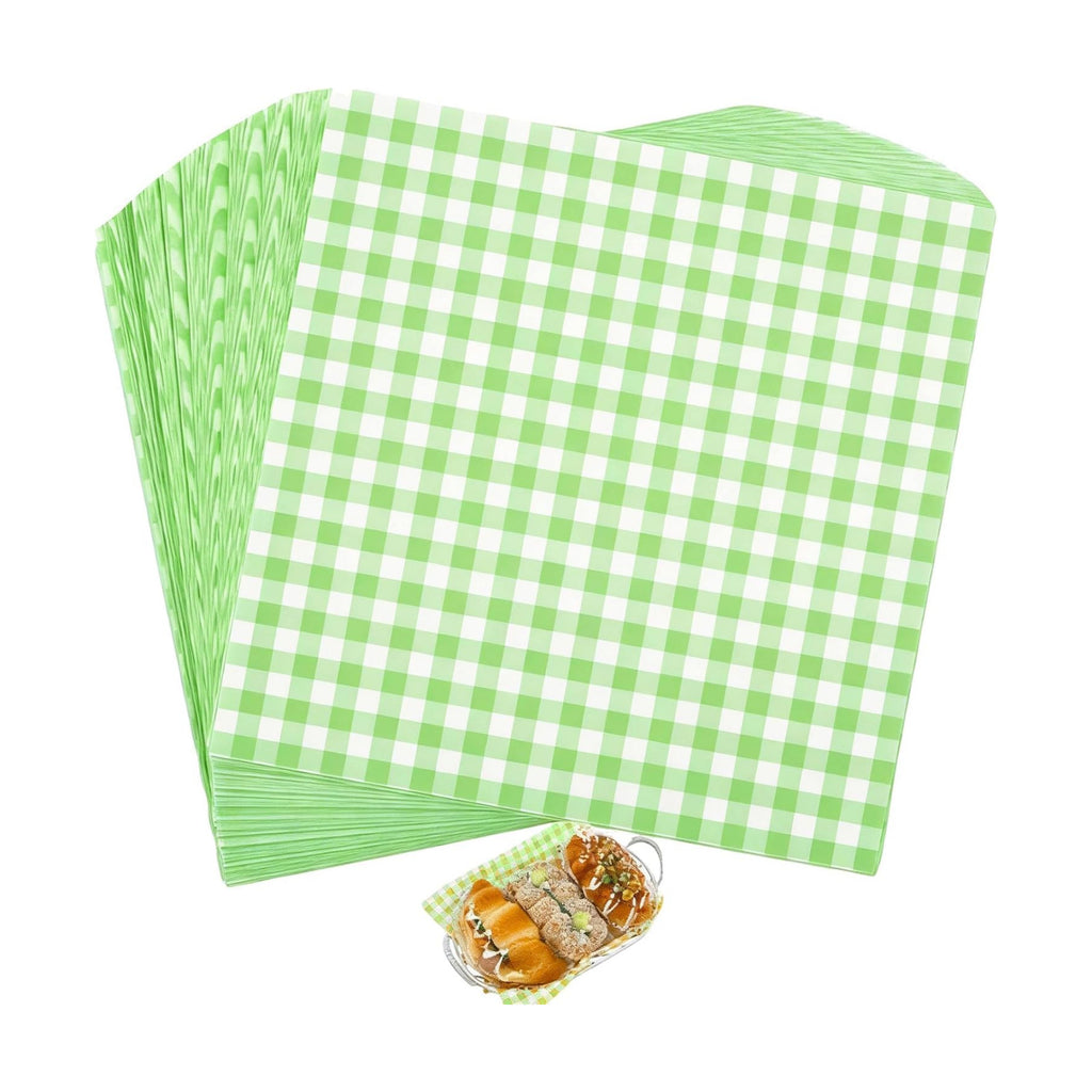 200 Pcs Green Checkered Deli Paper, 7x7 Inch Waxed Food Wrapping Sheets - Grease Resistant Basket Liners for Burgers, Sandwiches, Bakery & Party Trays