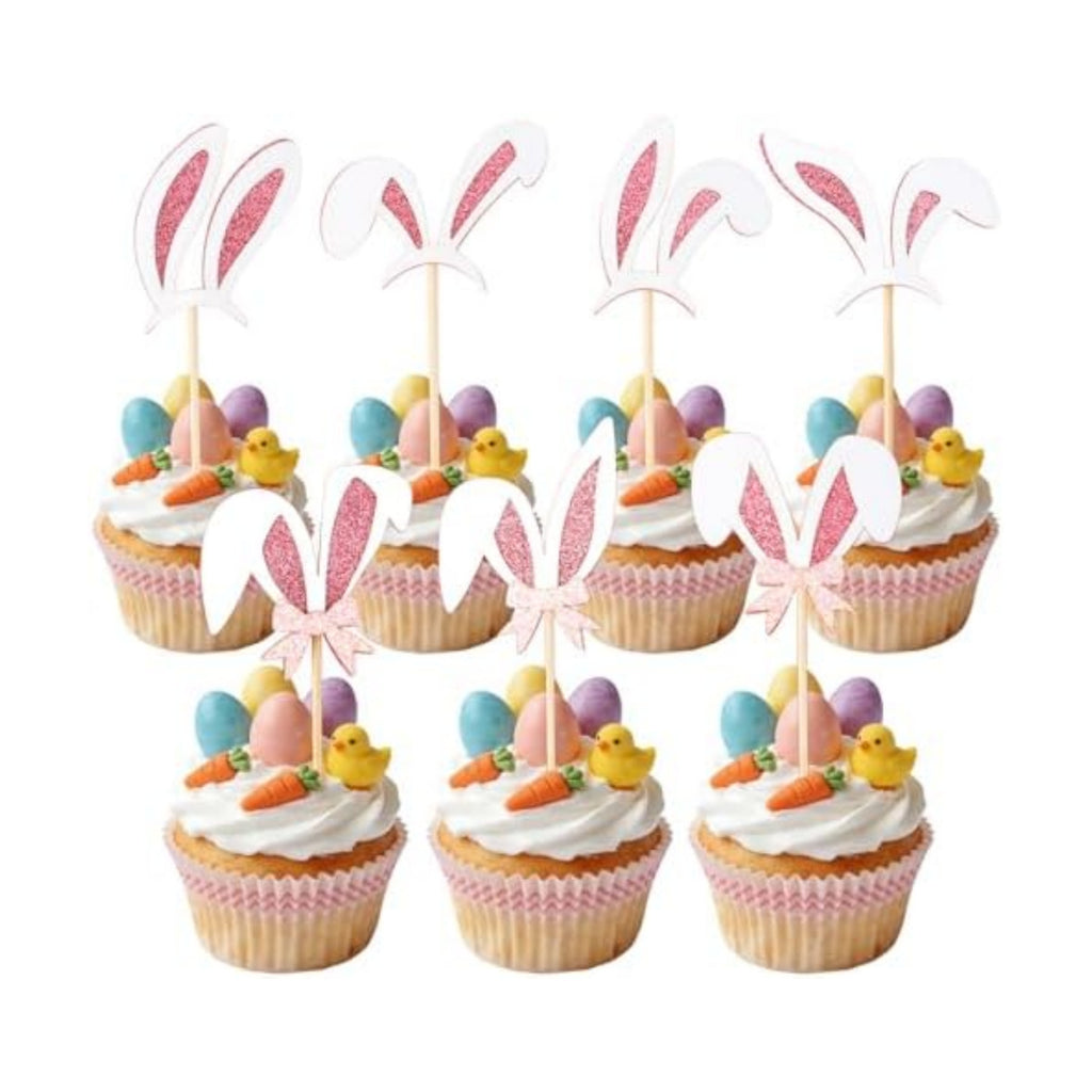 Easter Cupcake Toppers, 24 Pcs Easter Bunny Ear Cupcake Toppers, Glitter Pink Rabbit Ears Cupcake Picks Topper Easter Bunny Rabbit Cake Decorations for Easter Girls Birthday Party Decorations Supplies