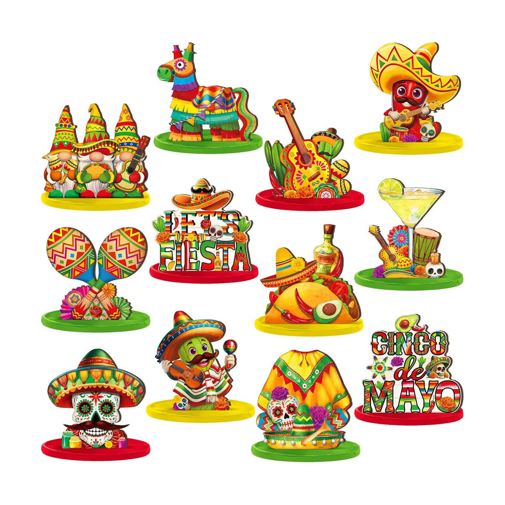 Wesiti 12 Pcs Cinco De Mayo Table Decorations Mexican Fiesta Party Decorations Wooden Cinco De Mayo Centerpiece Signs Taco Maracas Guitar Sombreros Table Topper Tiered Tray Decor for Home Office