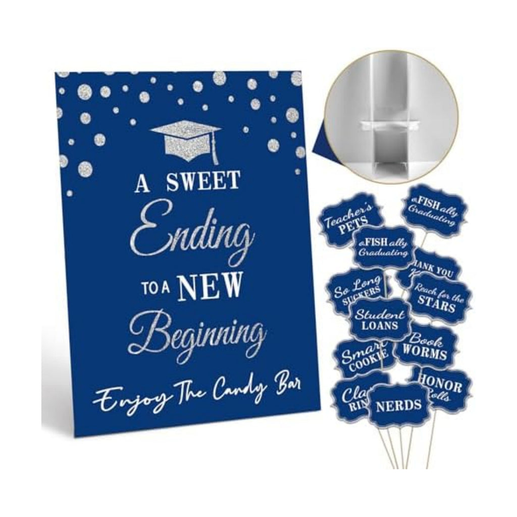 Graduation Candy Buffet Labels for Grad Party Decorations, Graduation Candy Bar Dessert Food Label Signs Set, Class of 2026 Grad Parties Table Decor Supplies (Blue and Silver)
