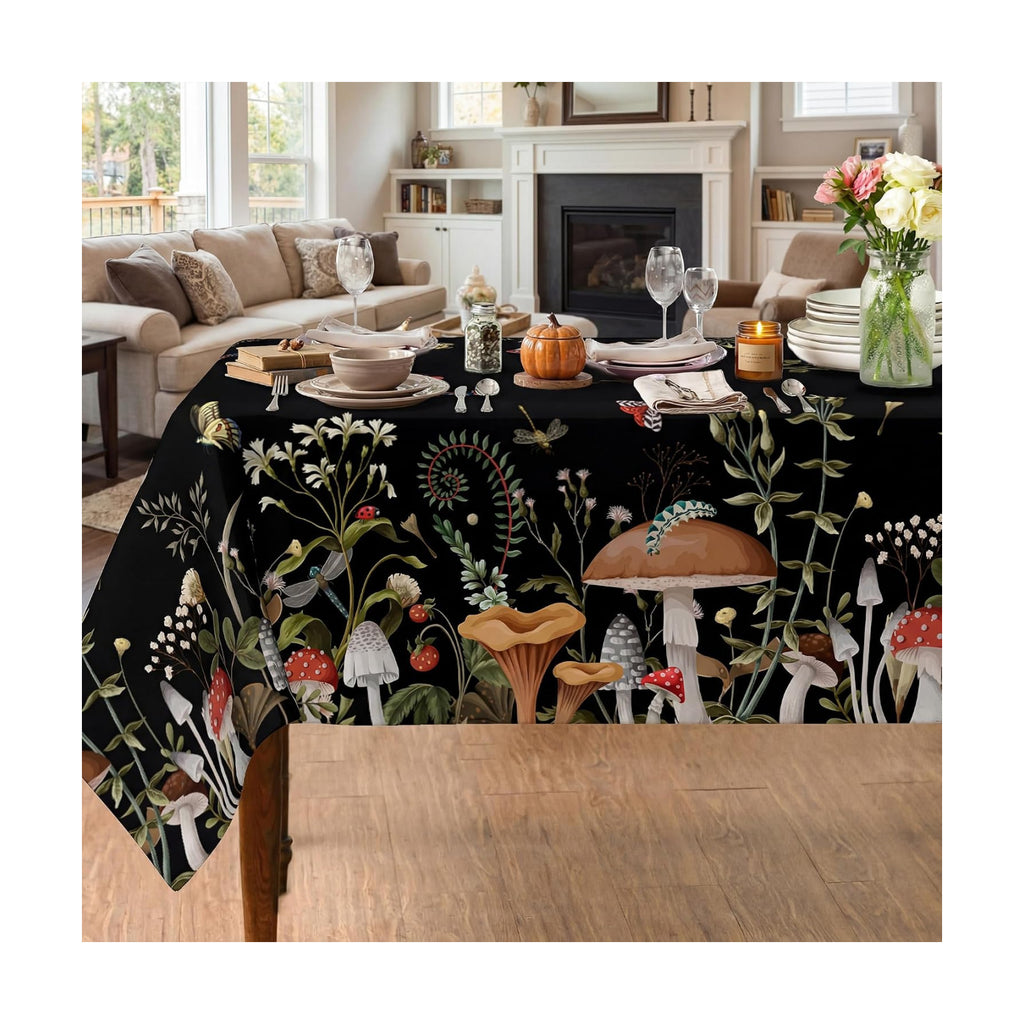 Mushroom Tablecloth 60x120 Inch Rectangle, Farmhouse Mushroom Forest Decorations for Home Table Cloth, Black Seasonal Decor Tablecloths Polyester for Picnic Party Dinner