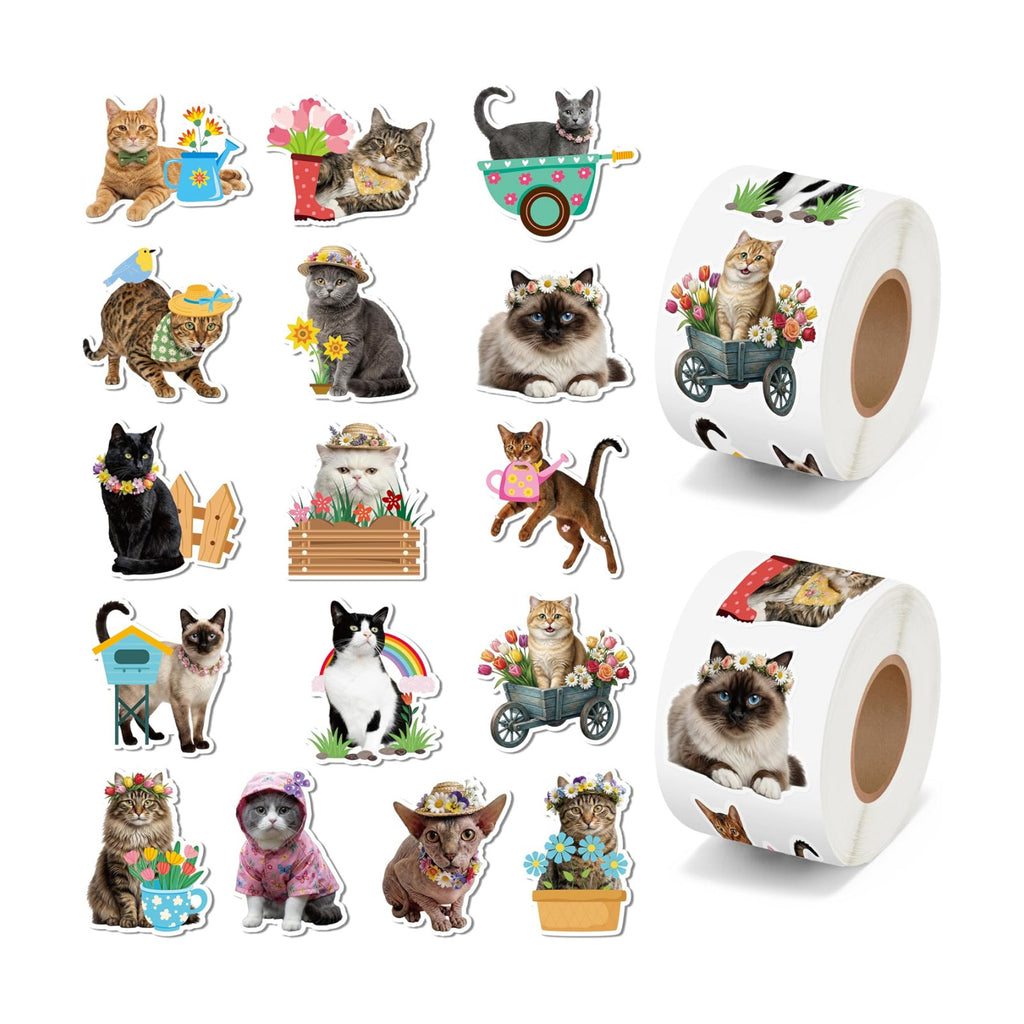 H1vojoxo Summer Cat Sticker Rolls - 1000PCS Summer Realistic Cat Stickers for Kids 16 Designs Cute Flowers Dress Up Cats Sticker for Craft Water Bottle Self-Adhesive Funny Cat Stickers for Envelope