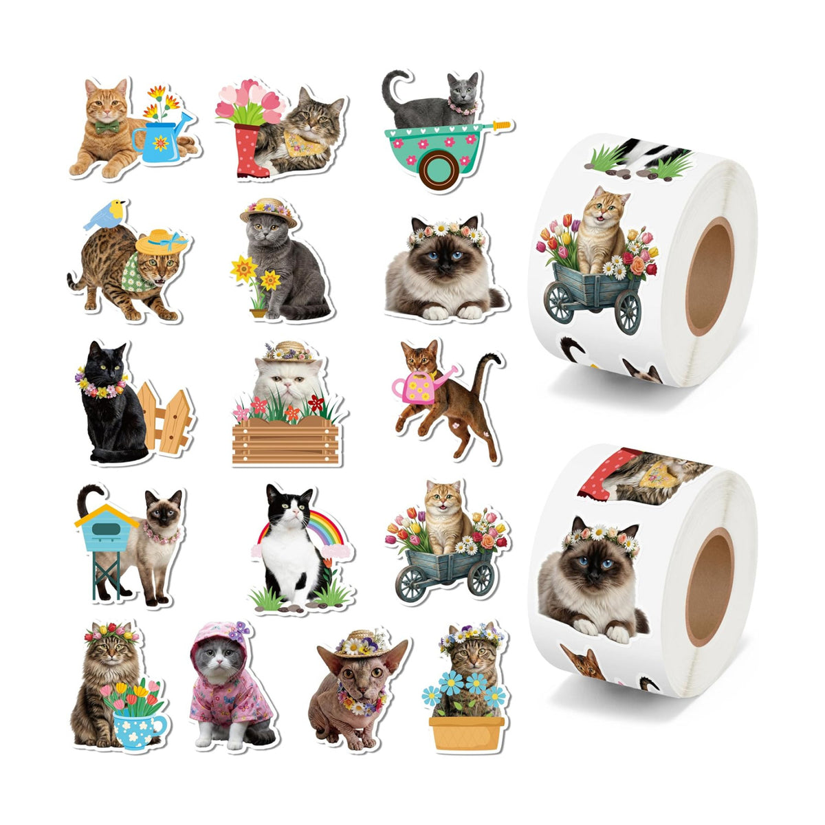 H1vojoxo Summer Cat Sticker Rolls - 1000PCS Summer Realistic Cat Stickers for Kids 16 Designs Cute Flowers Dress Up Cats Sticker for Craft Water Bottle Self-Adhesive Funny Cat Stickers for Envelope