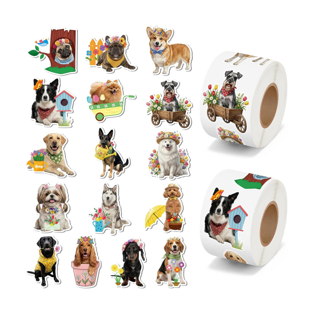 H1vojoxo Summer Dog Sticker Rolls - 1000PCS Summer Realistic Dog Stickers for Kids 16 Designs Cute Flowers Dress Up Dogs Sticker for Craft Water Bottle Self-Adhesive Funny Dogs Stickers for Envelope