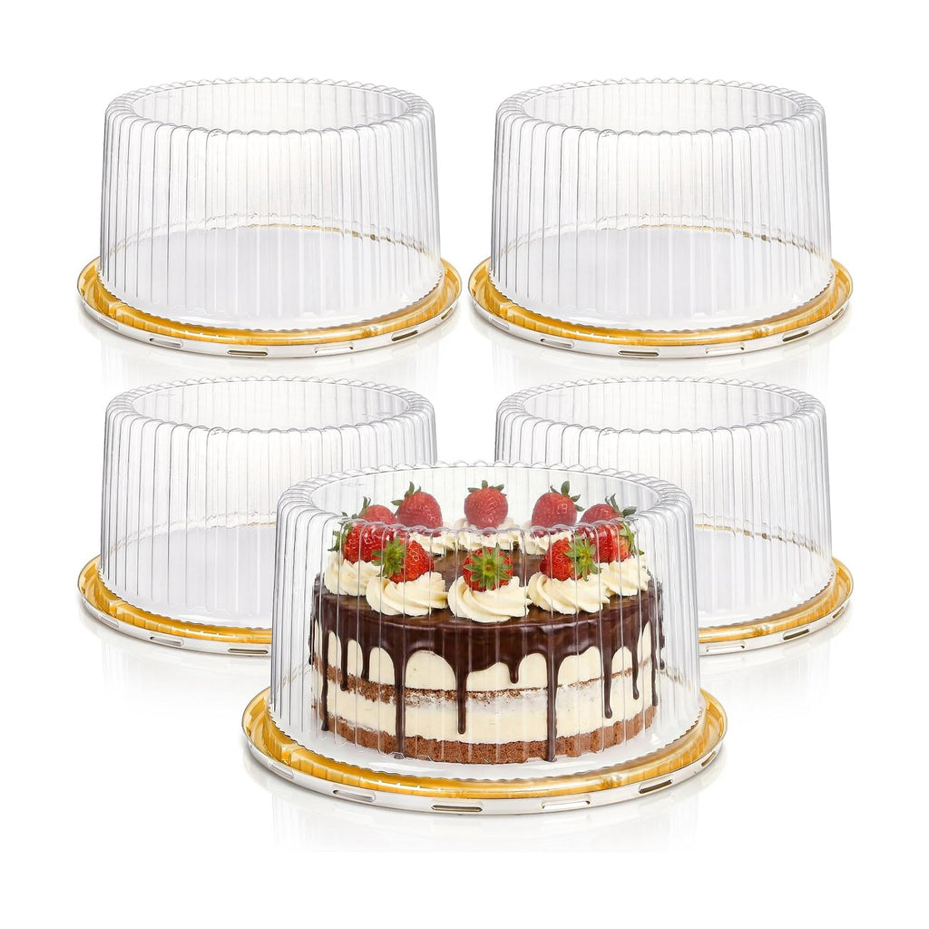 Fasmov 5 Pack Disposable Plastic Cake Containers with Carrier Holder, 10 Inch Round Bundt Cake Boxes Clear Cupcake Holder for 1-2 Layer Cheesecake, Desserts, Bundt Cake Pie Bakery Supplies