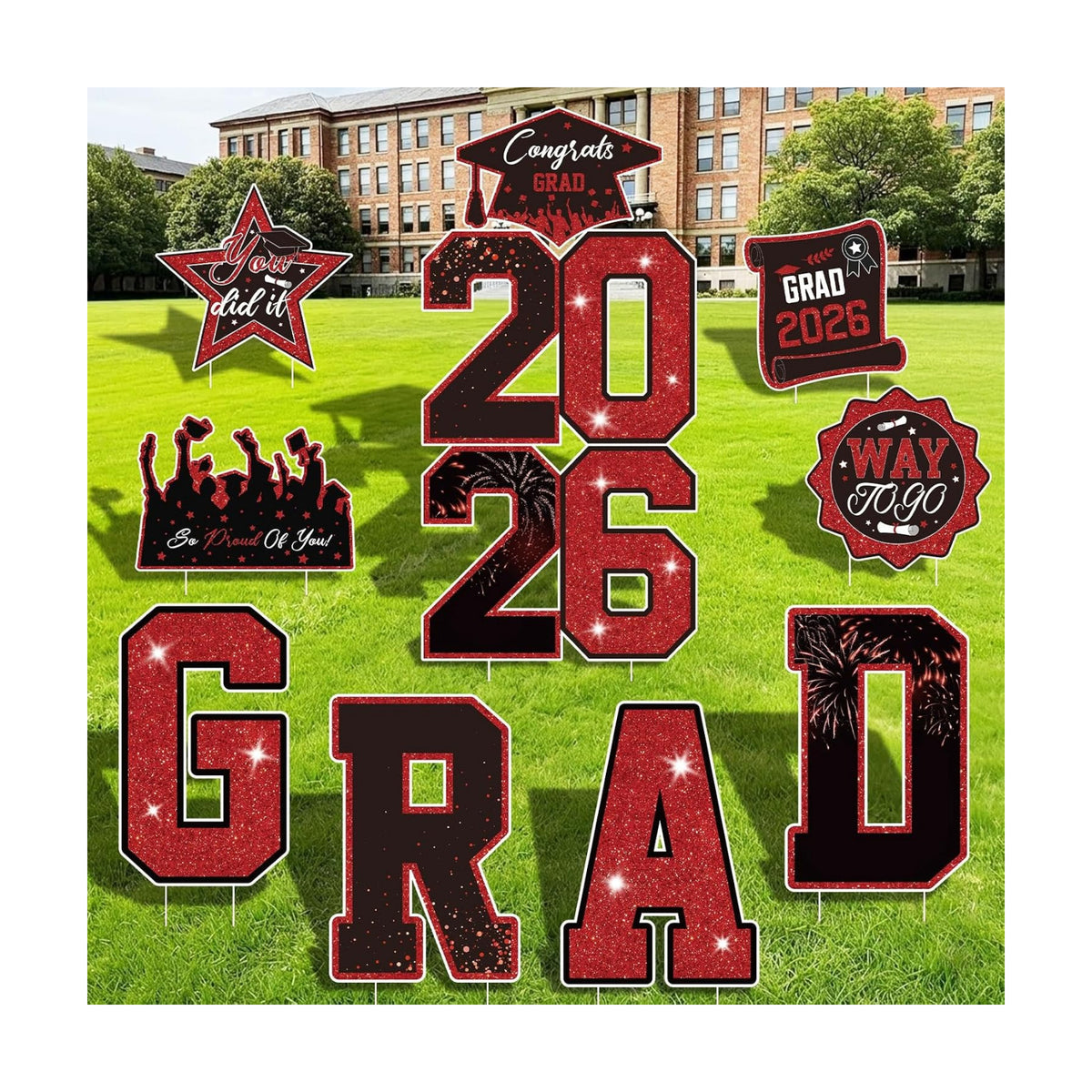 Graduation Yard Signs Class of 2026 Decorations 11pcs Black and Red Congrat