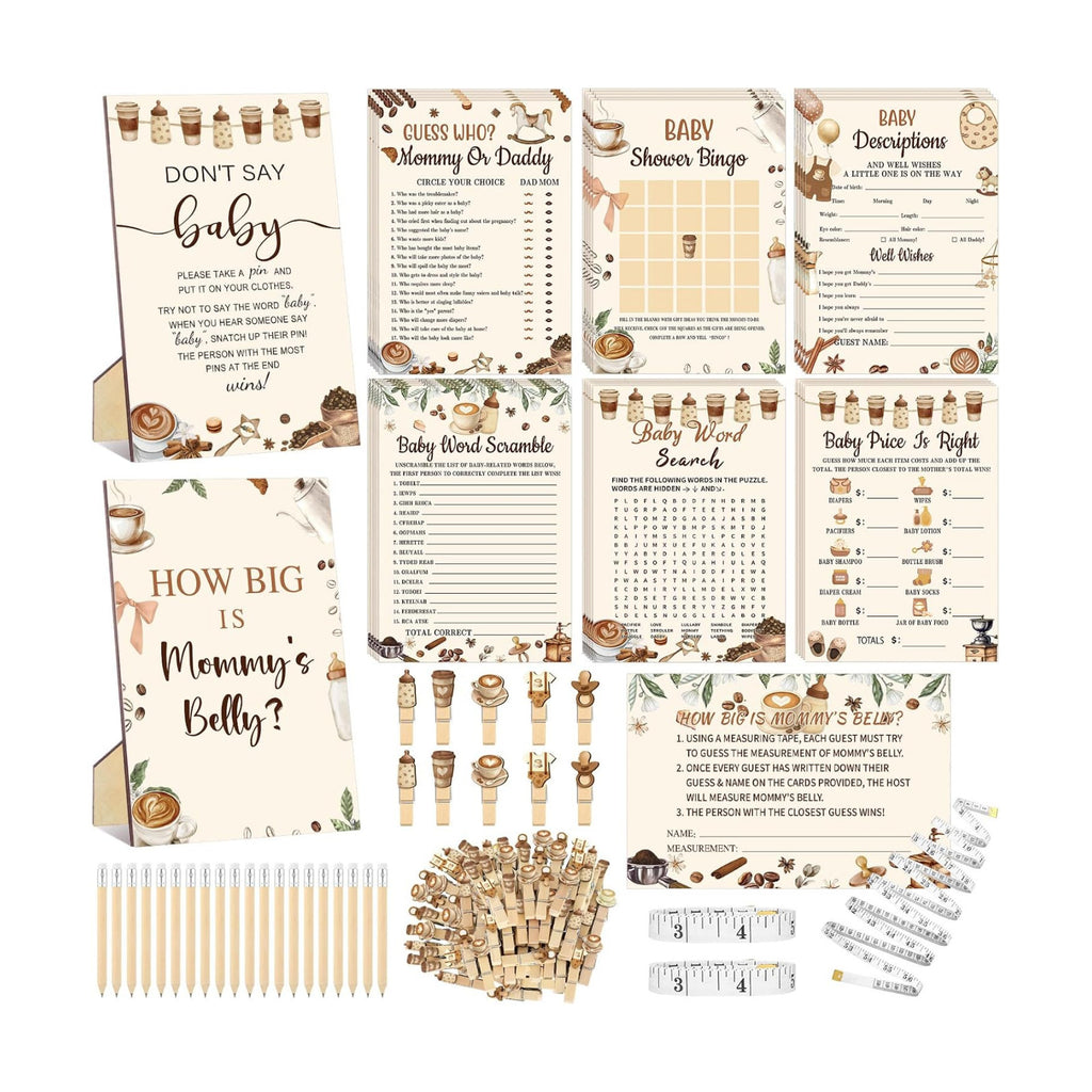 Funnymoom 426 Pcs Baby Shower Games Set Coffee Theme, 8 Activities