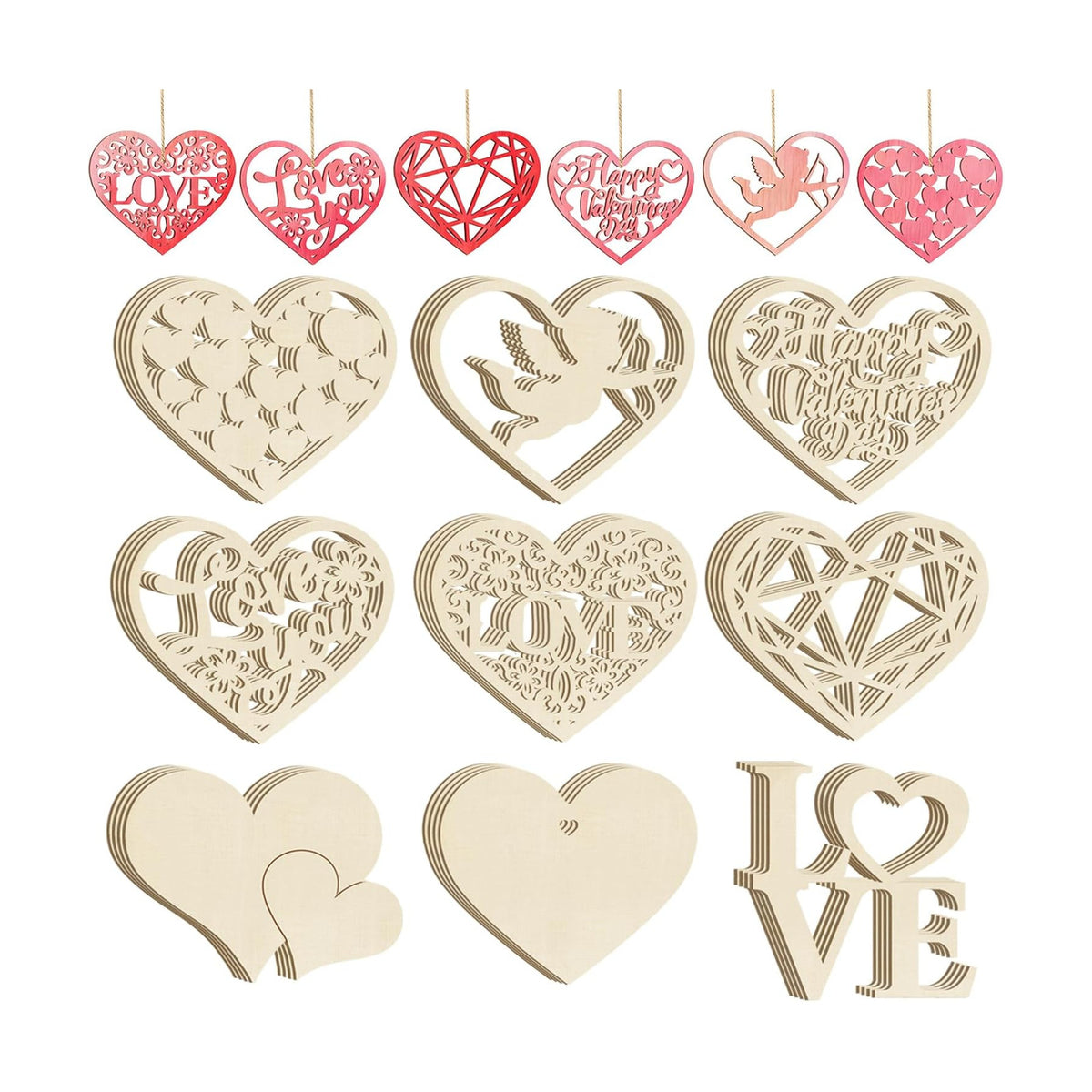 36PCS Wooden Heart Ornaments to Paint Valentine's Day Craft,9 Styles DIY Blank Unfinished Wood Heart Cutouts Ornament for Crafts Spring Tree Hanging Decorations Love