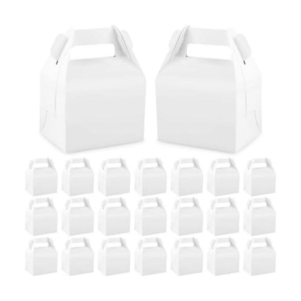 Hooqict 24 Pack White Party Favor Treat Boxes Paper Gable Gift Boxes with Handles for Party Favors Snack Goodie Candy Cookie Desserts, 6.7x5.1x3.5 Inch