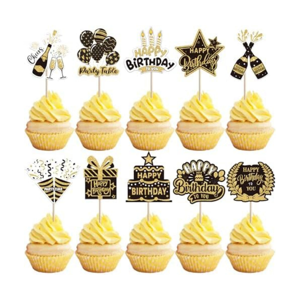 40 PCS Happy Birthday Cupcake Toppers Double Sided Balloon Star Cheers Party Time Happy Birthday Cupcake Picks for Celebrating Anniversary Theme Party Cake Decorations Supplies Black Gold
