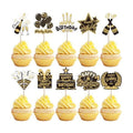 40 PCS Happy Birthday Cupcake Toppers Double Sided Balloon Star Cheers Party Time Happy Birthday Cupcake Picks for Celebrating Anniversary Theme Party Cake Decorations Supplies Black Gold