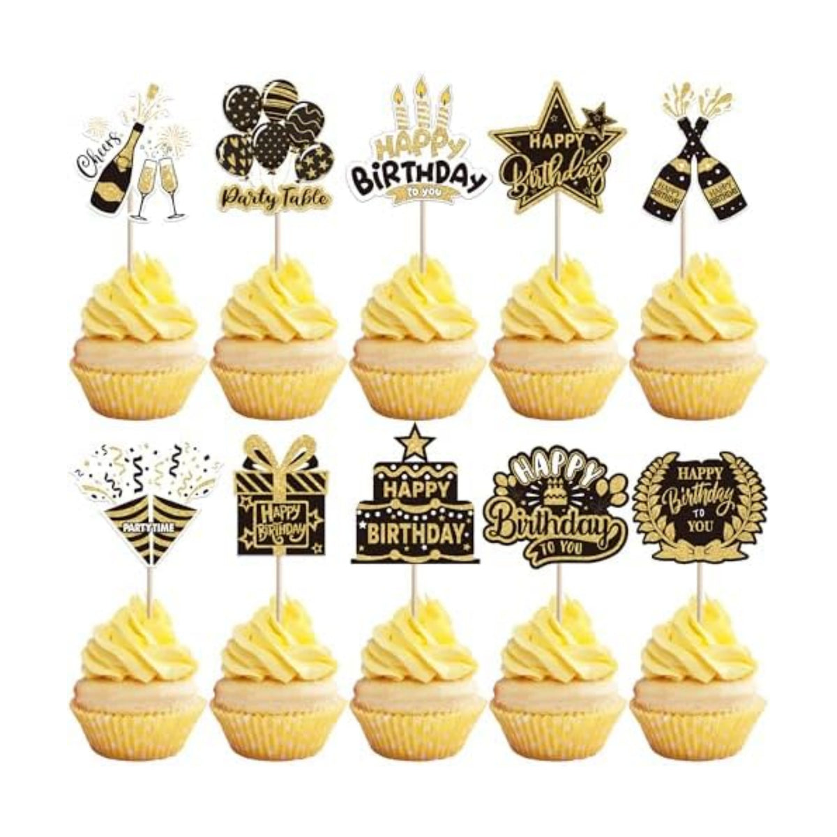 40 PCS Happy Birthday Cupcake Toppers Double Sided Balloon Star Cheers Party Time Happy Birthday Cupcake Picks for Celebrating Anniversary Theme Party Cake Decorations Supplies Black Gold