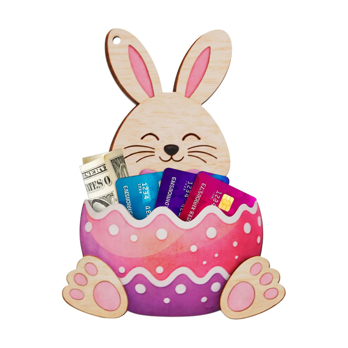 KATINAT Easter Bunny Money Holder for Cash & Cards, Bunny Holding Easter Egg Wooden Cash Holder, Easter Basket Stuffer for Teens, Kids, Teen Girls & Boys, Pink Bunny Money Holder