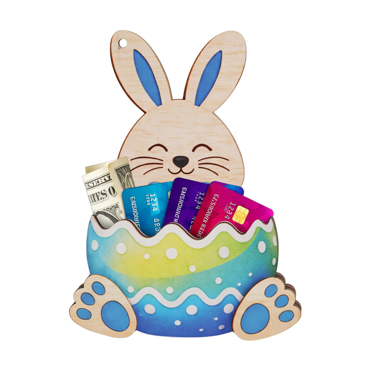 KATINAT Easter Bunny Money Holder for Cash & Cards, Blue Bunny Holding Easter Egg Wooden Cash Holder, Easter Basket Stuffer for Teens, Kids, Teen Girls & Boys, Blue Bunny Money Holder