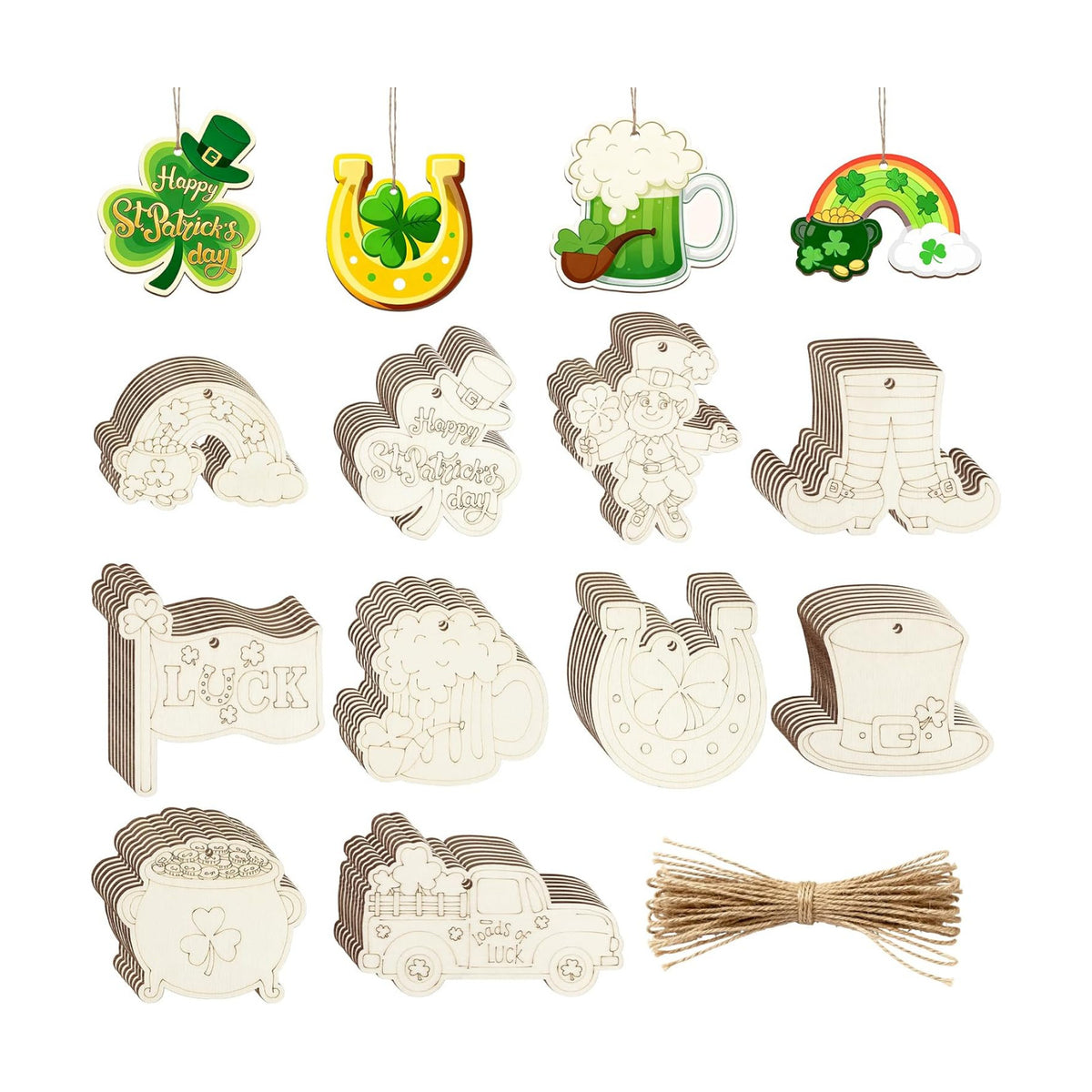 80PCS Wooden St. Patrick's Day Ornaments to Paint Shamrock Cutout Decorations,10 Styles DIY Blank Unfinished Wood Shamrock Cutouts Ornament for Tree Home Crafts Hanging, Hat Beer Gifts Indoor Spring