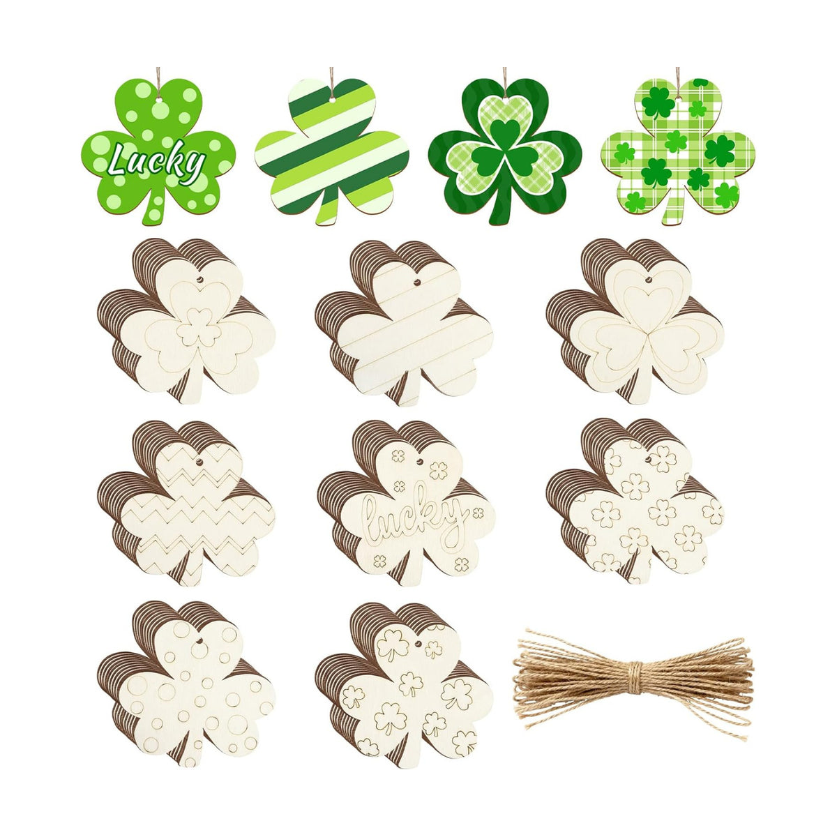 80PCS Wooden Shamrock Ornaments to Paint St. Patrick's Day Decorations, 8 Styles DIY Blank Unfinished Wood Shamrock Cutouts Ornament for Tree Home Crafts Hanging Gifts Indoor Spring Farmhouse